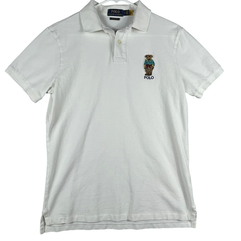 Polo Ralph Lauren Mens White Polo Bear Custom Slim Fit Cotton Pique Shirt M